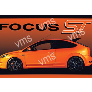 Side view of a bright orange Ford Focus ST car with sporty design.