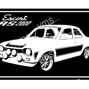 Black and white illustration of a classic Ford Escort RS1600 car.