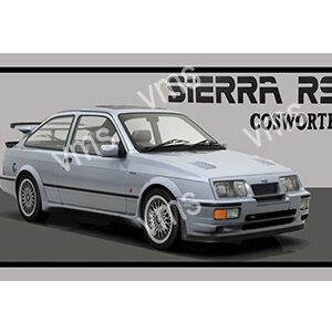 Classic Ford Sierra RS Cosworth in silver with iconic rally styling.