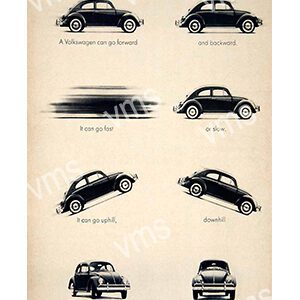 Vintage illustrations showing different views of a classic VW Beetle car.