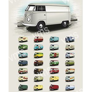 Illustration of various colored classic Volkswagen camper vans.