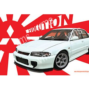 White Honda Integra with bold red background and stylized text.