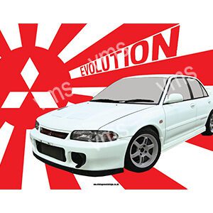 White modified car with racing graphics against a red and white background.
