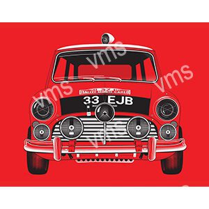 Front view of a classic red Mini Cooper car with license plate 33 EJB.