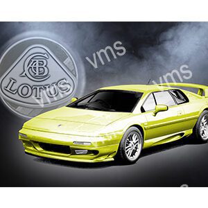 Bright yellow Lotus sports car with sleek design and smoke effect.