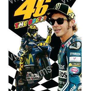 Portrait of a motorcycle racer with number 46 and colorful gear.