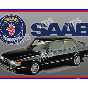 Classic black Saab 900 car with Saab logo and branding.