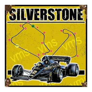 Vintage Silverstone Formula 1 race poster with a detailed track map and race car.