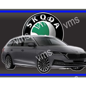 A sleek grey Škoda car with stylish wheels against a black and blue background.