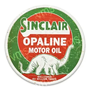 Vintage Sinclair Opaline Motor Oil logo with a green dinosaur and red background.