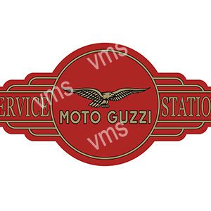 Vintage Moto Guzzi service station logo in red and gold.