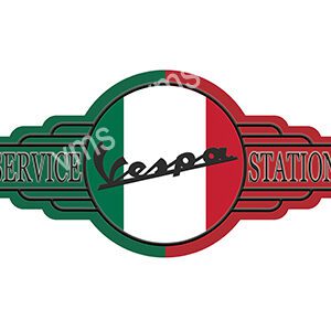 Vintage Vespa service station logo with Italian flag colors.
