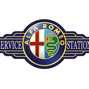 Vintage Alfa Romeo service station logo with iconic emblem.