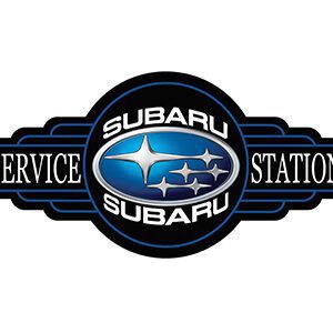 Vintage Subaru service station logo with blue and black colors.