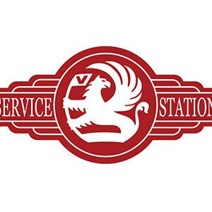 Retro service station logo featuring a griffin in red and white.