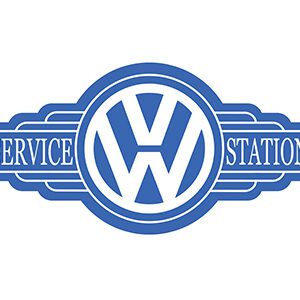 Vintage Volkswagen service station logo in blue and white.