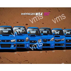 A lineup of blue Subaru Impreza WRX cars against a brown wall.