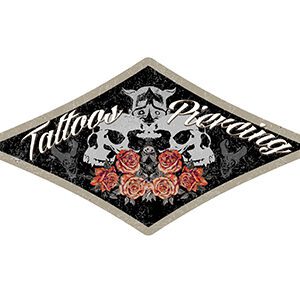 Diamond-shaped tattoo and piercing shop logo with skulls and roses.