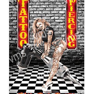 Two tattooed and pierced individuals posing against a brick wall with tattoo and piercing signs.