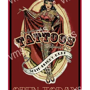 Vintage tattoo shop poster featuring a pin-up girl and classic tattoo designs.
