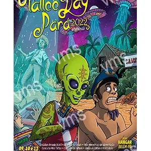 Colorful poster featuring an alien and a startled man in a jungle setting.