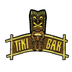 A colorful tiki statue logo with the words 'Tiki Bar'.
