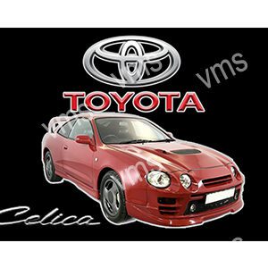 Red Toyota Celica car with Toyota logo on black background.