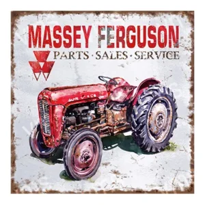 Vintage red Massey Ferguson tractor with parts and service sign.