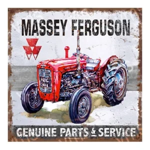 Vintage Massey Ferguson tractor illustration with genuine parts and service text.