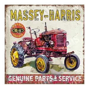 Vintage Massey-Harris tractor advertisement sign with rustic wear.