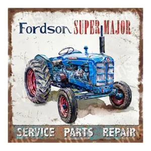 Vintage blue Fordson Super Major tractor advertisement.