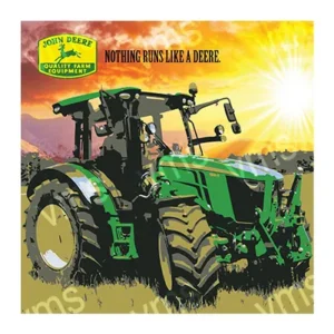 Green tractor under bright sunlight with a vibrant background.