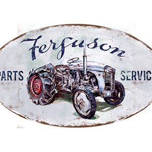 Vintage oval sign for Ferguson tractor parts and service.