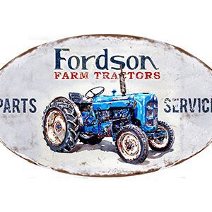 Vintage Fordson Farm Tractors metal sign with blue tractor illustration.