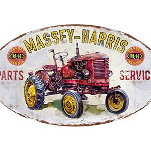 Vintage Massey-Harris tractor sign with rustic charm.