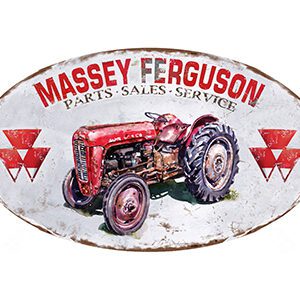 Vintage Massey Ferguson tractor advertisement sign with weathered paint.