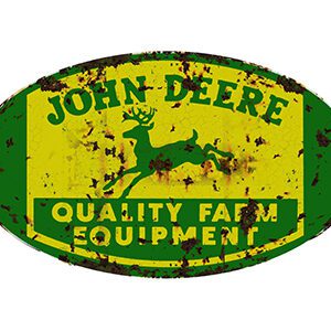 Rustic John Deere farm equipment sign with a distressed look.