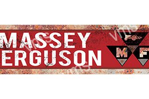 Vintage Massey Ferguson sign with red and white colors and weathered texture.
