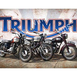 Two classic Triumph motorcycles parked in front of a vintage Triumph sign.
