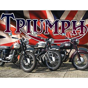 Three classic Triumph motorcycles parked with a Union Jack backdrop.