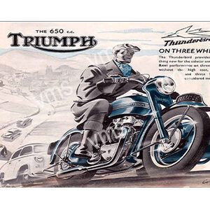 Vintage Triumph motorcycle advertisement with rider on a classic bike.