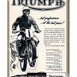 Vintage Triumph motorcycle advertisement featuring a man riding a bike with promotional text.