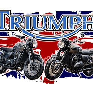 Two black Triumph motorcycles in front of a British flag background.