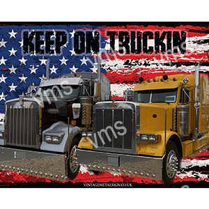Classic American semi-truck with patriotic backdrop.