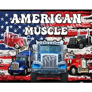 American muscle trucks with a patriotic USA flag background.