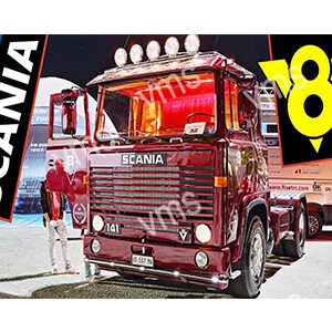 Vintage red Scania truck parked at an event with a large '8' sign in the background.