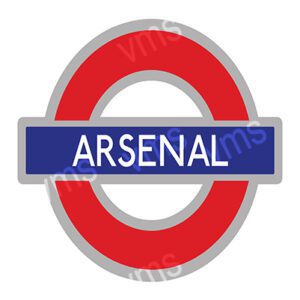 Logo resembling London Underground sign with 'Arsenal' text.