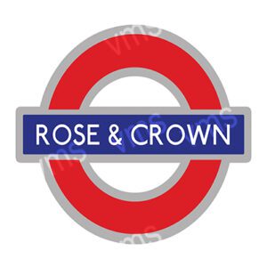 Logo of Rose & Crown, featuring a circular red border and blue text.