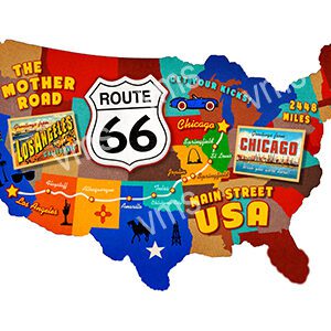 Colorful map of the USA with iconic Route 66 landmarks and city names.