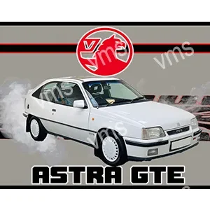 White Opel Astra GTE car with smoke and red logo above it.